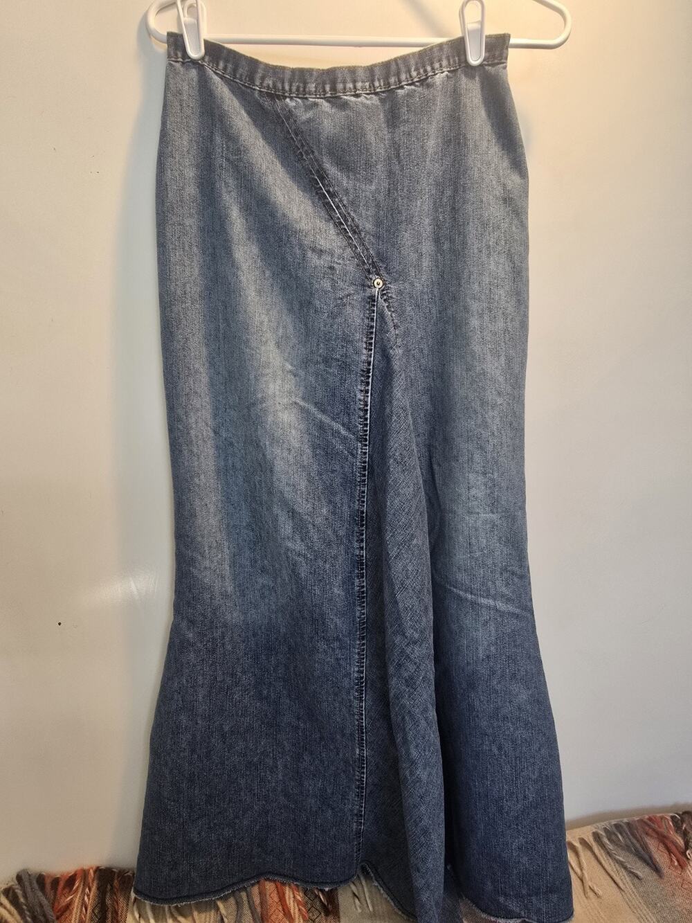 VTG 90s Hollywood Denim Maxi Skirt Trumpet Mermaid Raw hem y2k boho 29 in waist